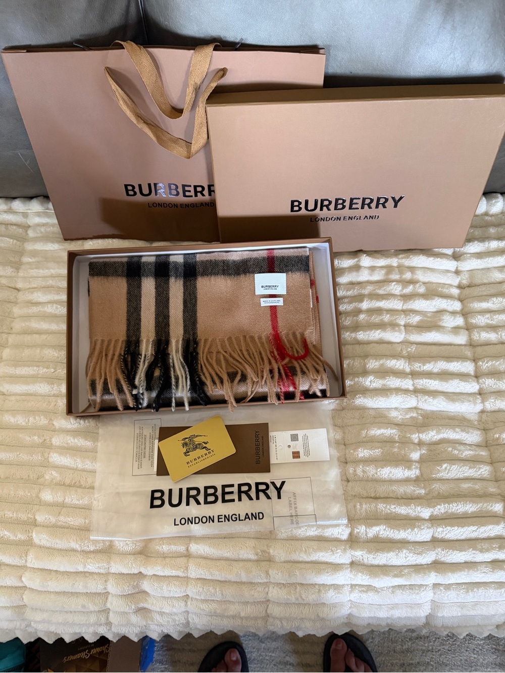 Burberry Classic Camel Cashmere Scarf with Red & Black Check NIB